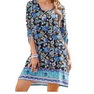 Floral Blue and Black Midi Dress